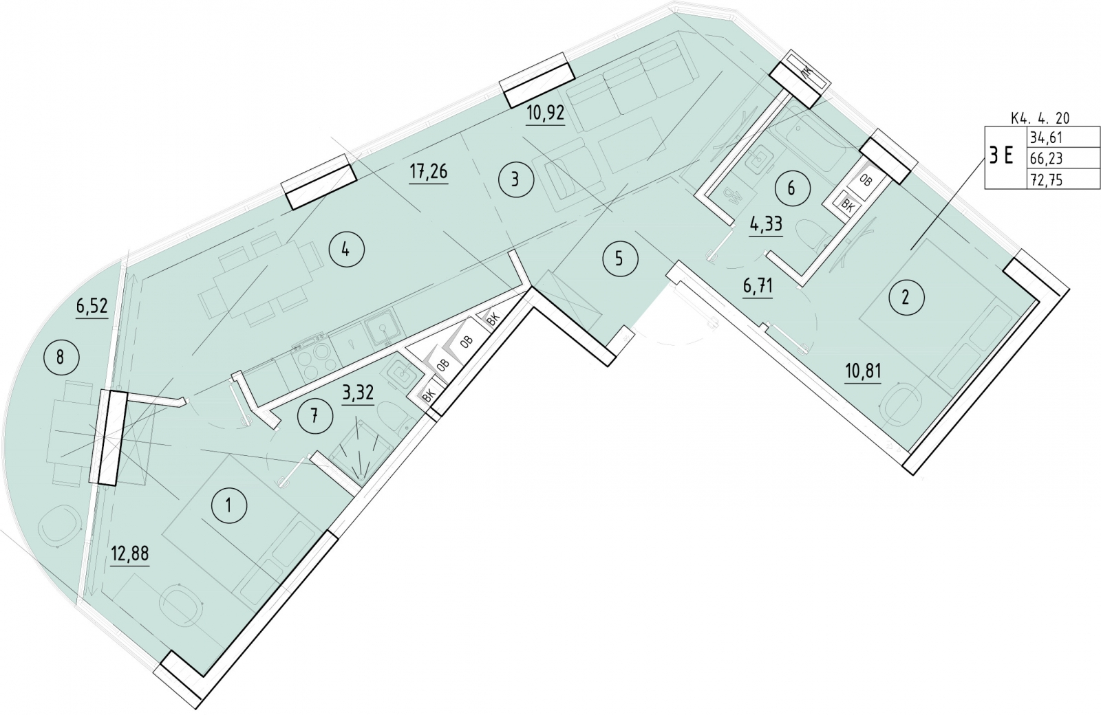 2-комнатная квартира с отделкой в ЖК Symphony 34 на 21 этаже в 1 секции. Сдача в 2 кв. 2025 г.