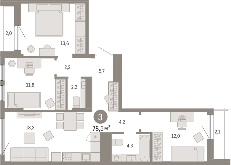 3-комнатная квартира с отделкой в ЖК Республики 205 на 6 этаже в 10 секции. Сдача в 4 кв. 2025 г.