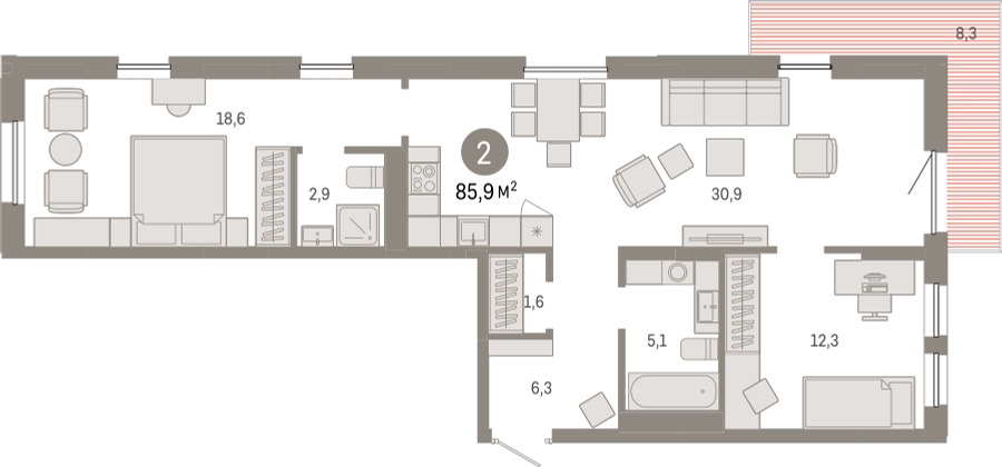 3-комнатная квартира с отделкой в ЖК Республики 205 на 6 этаже в 1 секции. Сдача в 4 кв. 2025 г.