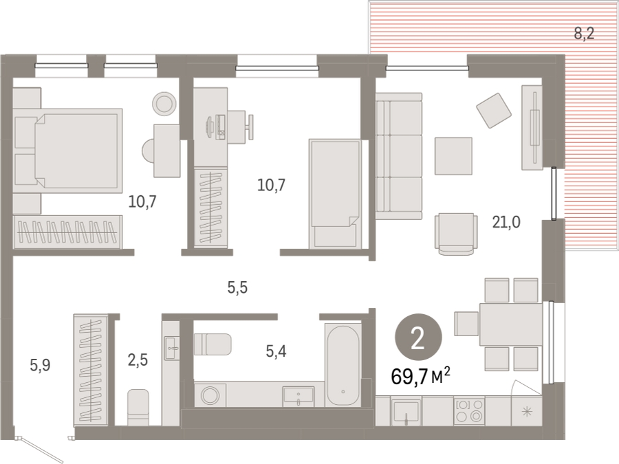 3-комнатная квартира с отделкой в ЖК Республики 205 на 7 этаже в 1 секции. Сдача в 4 кв. 2025 г.