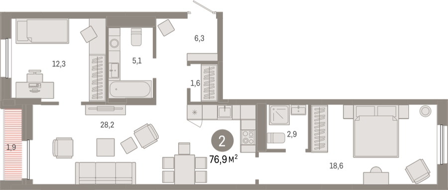 2-комнатная квартира с отделкой в ЖК Республики 205 на 10 этаже в 6 секции. Сдача в 4 кв. 2025 г.