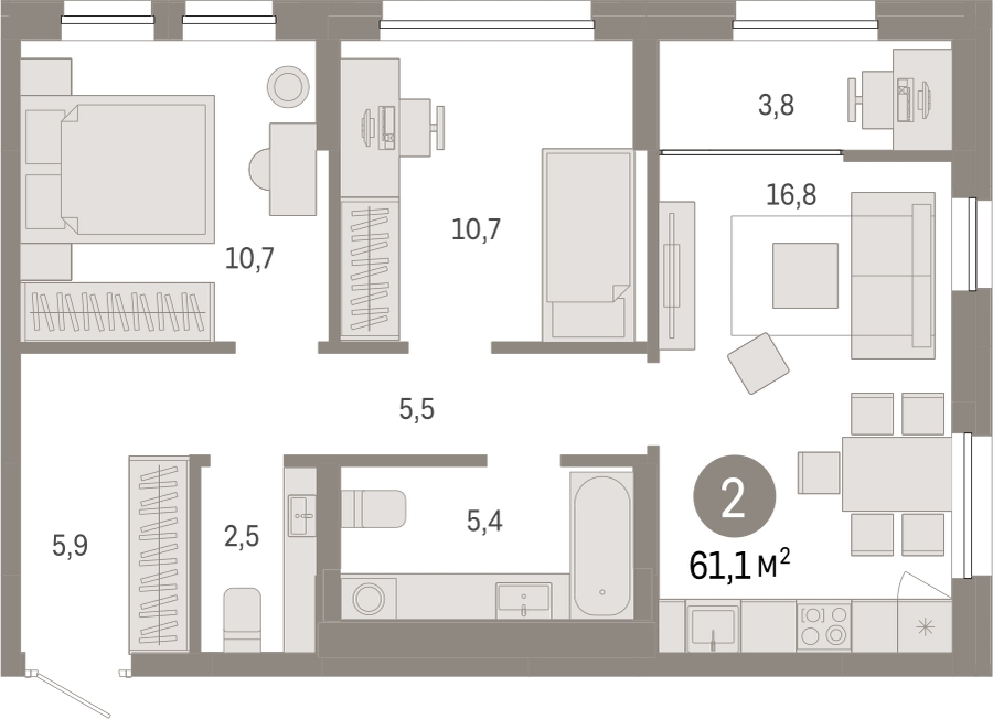 2-комнатная квартира с отделкой в ЖК А101 Всеволожск на 6 этаже в 3 секции. Сдача в 3 кв. 2025 г.