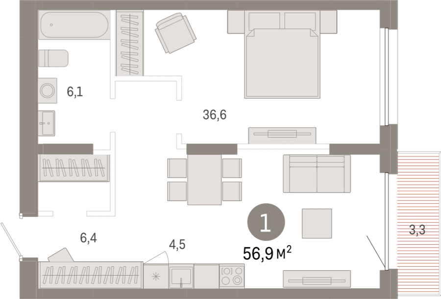 1-комнатная квартира с отделкой в ЖК Республики 205 на 11 этаже в 1 секции. Сдача в 4 кв. 2025 г.