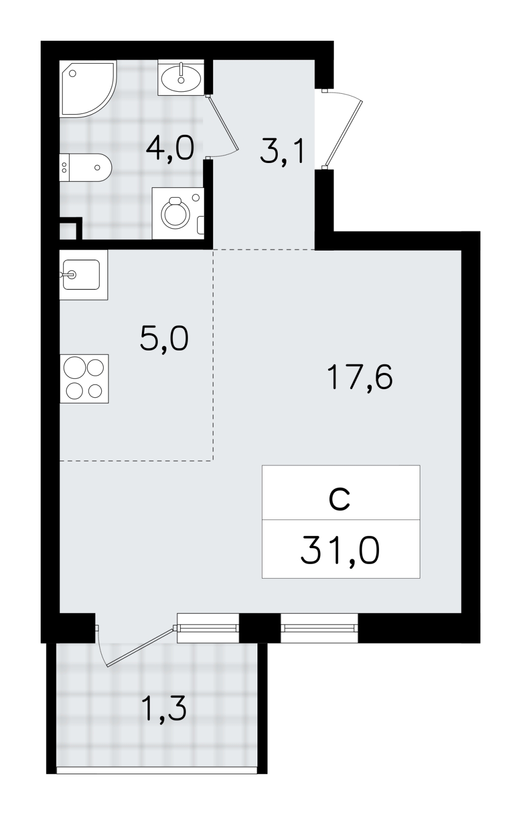 1-комнатная квартира (Студия) с отделкой в ЖК Квартал Метроном на 18 этаже в 1 секции. Сдача в 3 кв. 2026 г.
