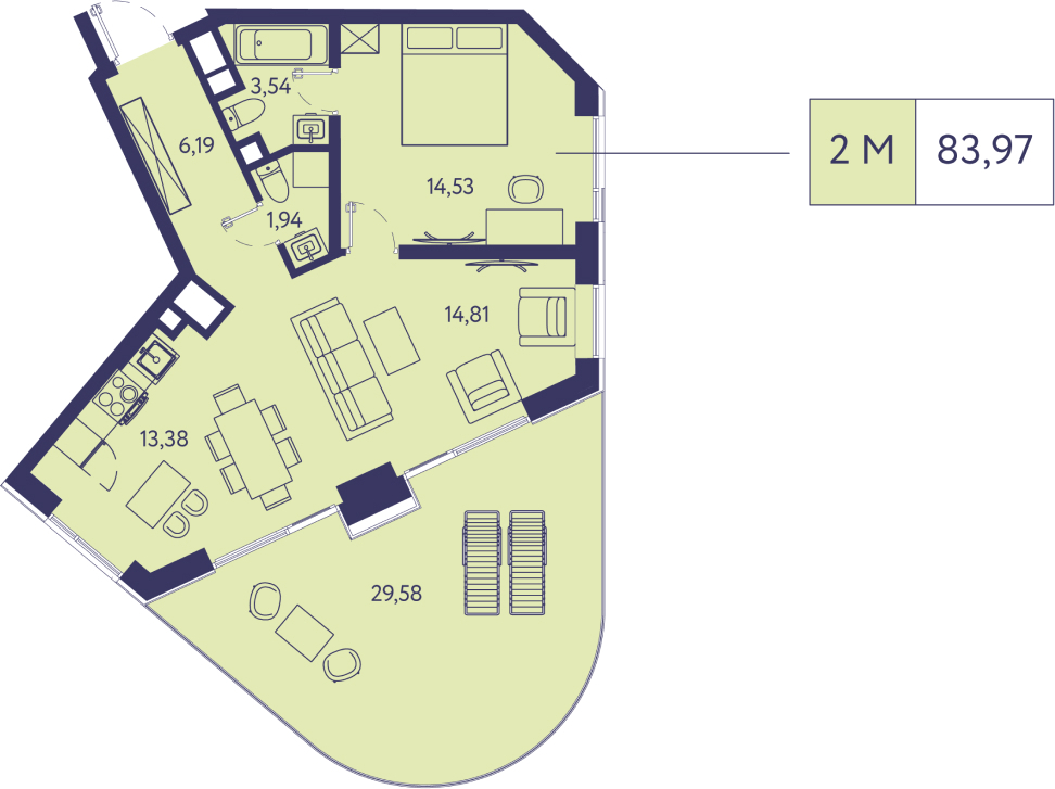 2-комнатная квартира с отделкой в ЖК Moments на 19 этаже в 1 секции. Сдача в 1 кв. 2027 г.