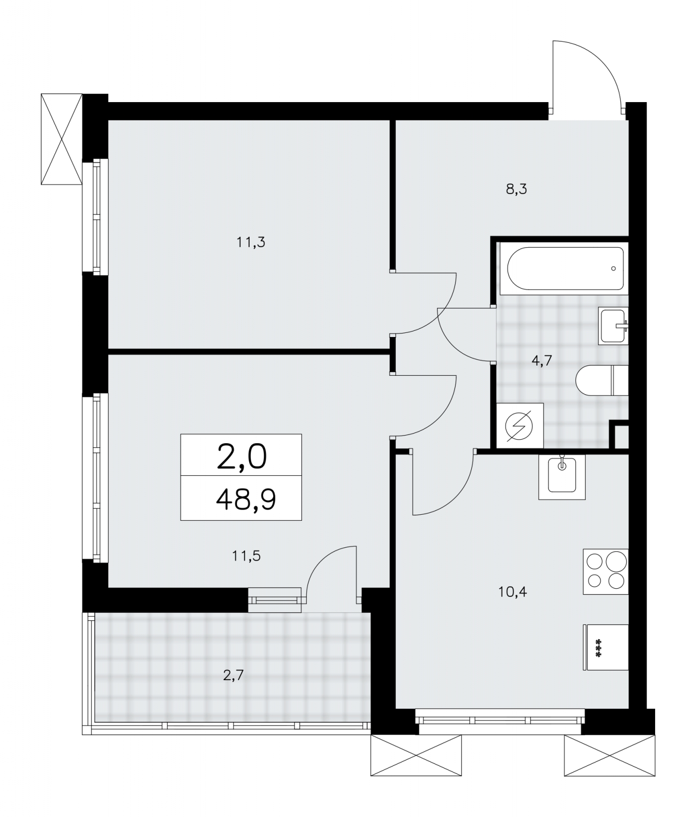 2-комнатная квартира в ЖК Upside Towers на 13 этаже в 1 секции. Сдача в 2 кв. 2026 г.