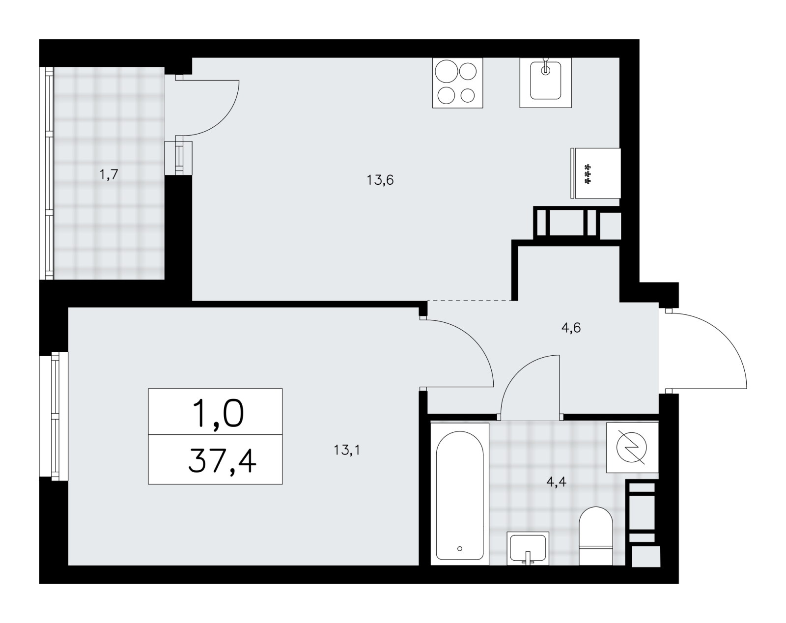 1-комнатная квартира в ЖК Upside Towers на 17 этаже в 1 секции. Сдача в 2 кв. 2026 г.