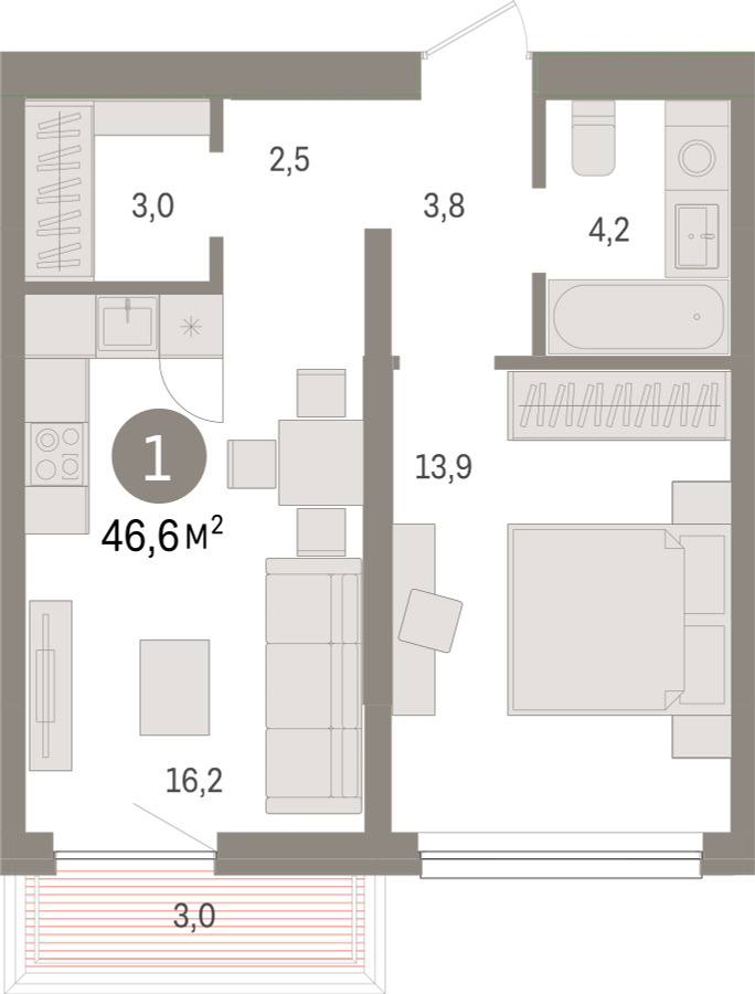 1-комнатная квартира (Студия) с отделкой в ЖК Республики 205 на 4 этаже в 9 секции. Сдача в 4 кв. 2025 г.