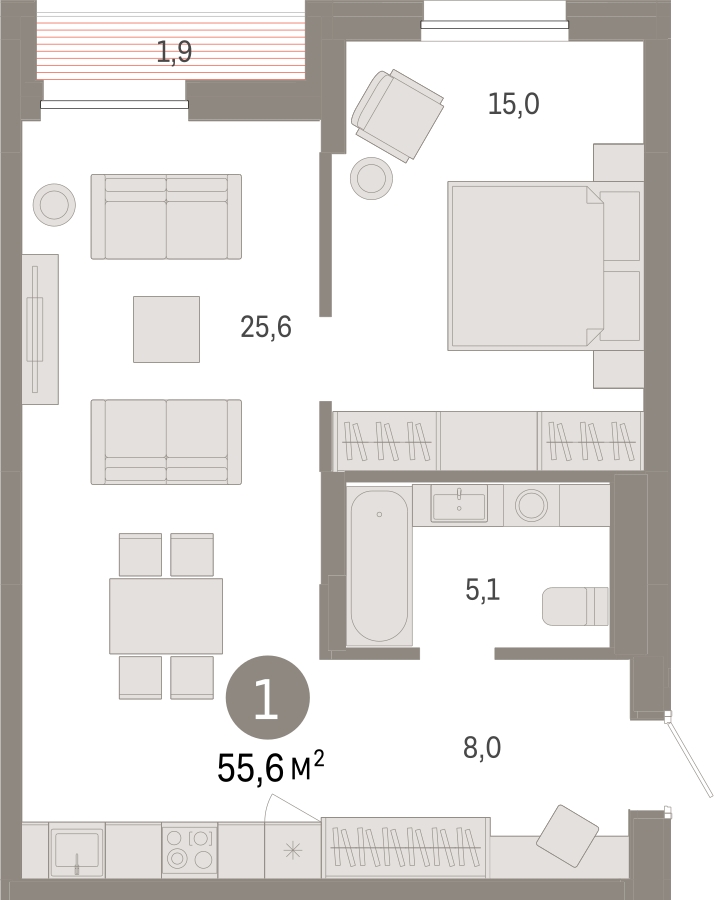 2-комнатная квартира с отделкой в ЖК Республики 205 на 7 этаже в 9 секции. Сдача в 4 кв. 2025 г.