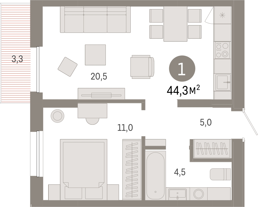 1-комнатная квартира с отделкой в ЖК Республики 205 на 2 этаже в 3 секции. Сдача в 1 кв. 2026 г.