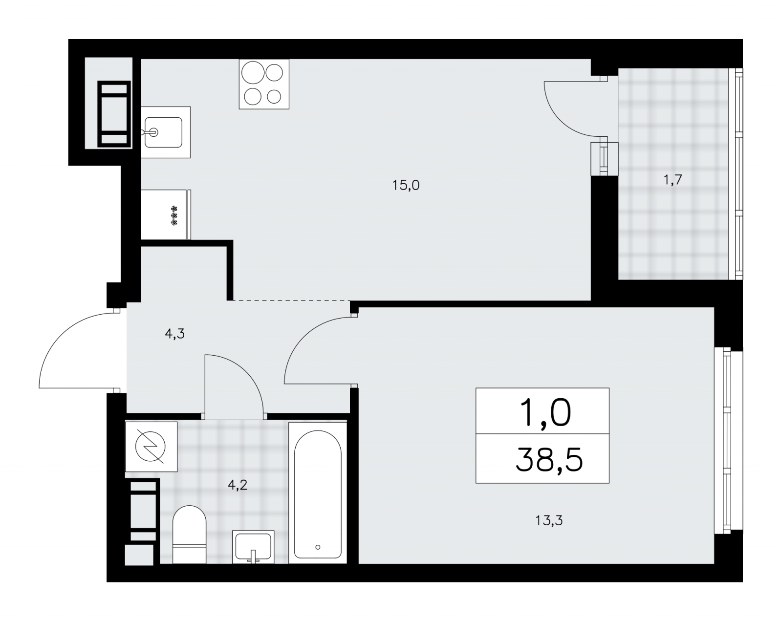 1-комнатная квартира (Студия) в ЖК Upside Towers на 43 этаже в 1 секции. Сдача в 2 кв. 2026 г.