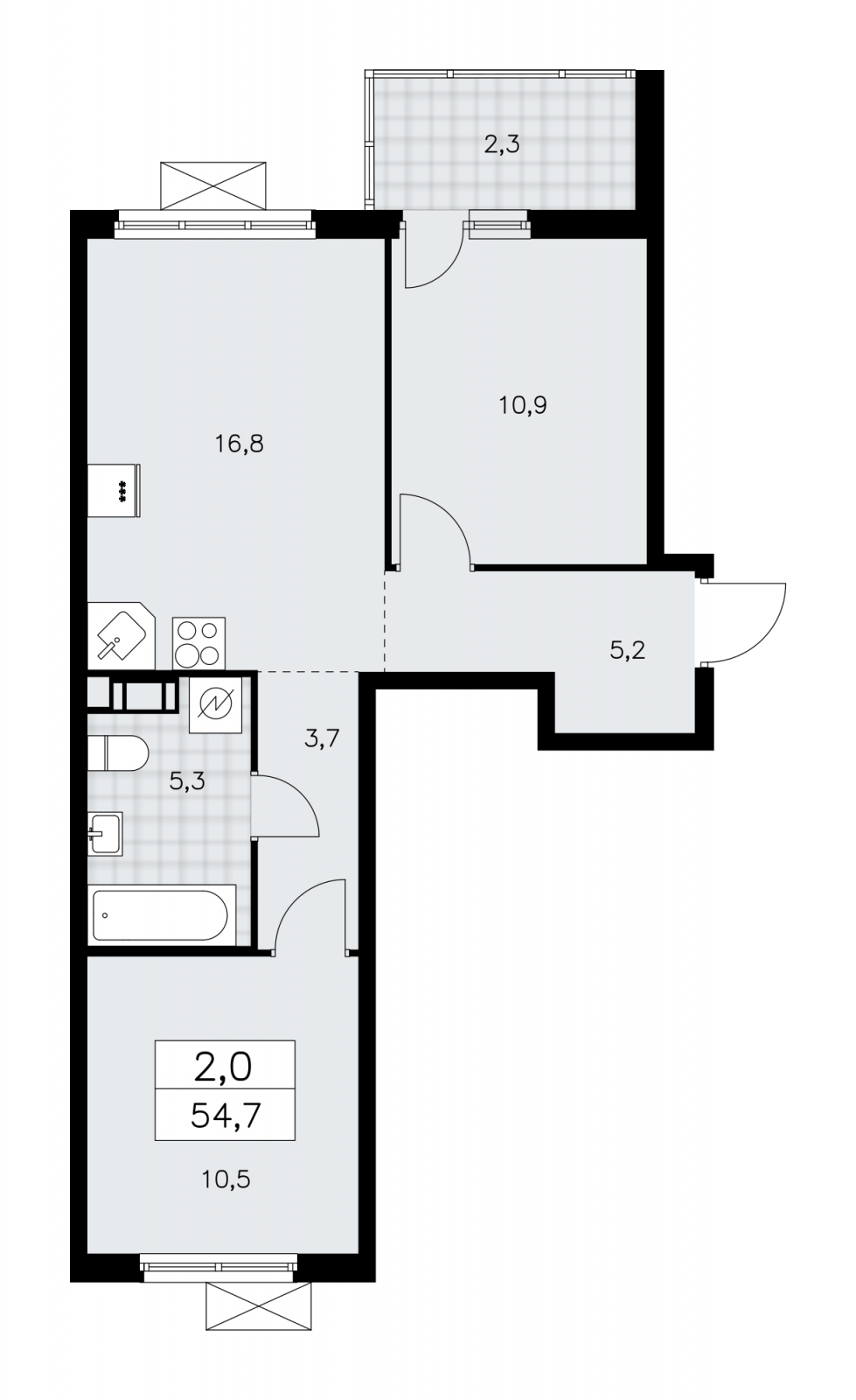 2-комнатная квартира с отделкой в ЖК Республики 205 на 12 этаже в 3 секции. Сдача в 1 кв. 2026 г.