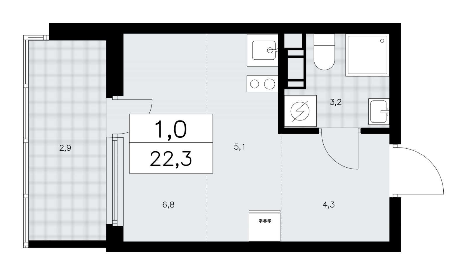 1-комнатная квартира в ЖК Upside Towers на 32 этаже в 1 секции. Сдача в 2 кв. 2026 г.