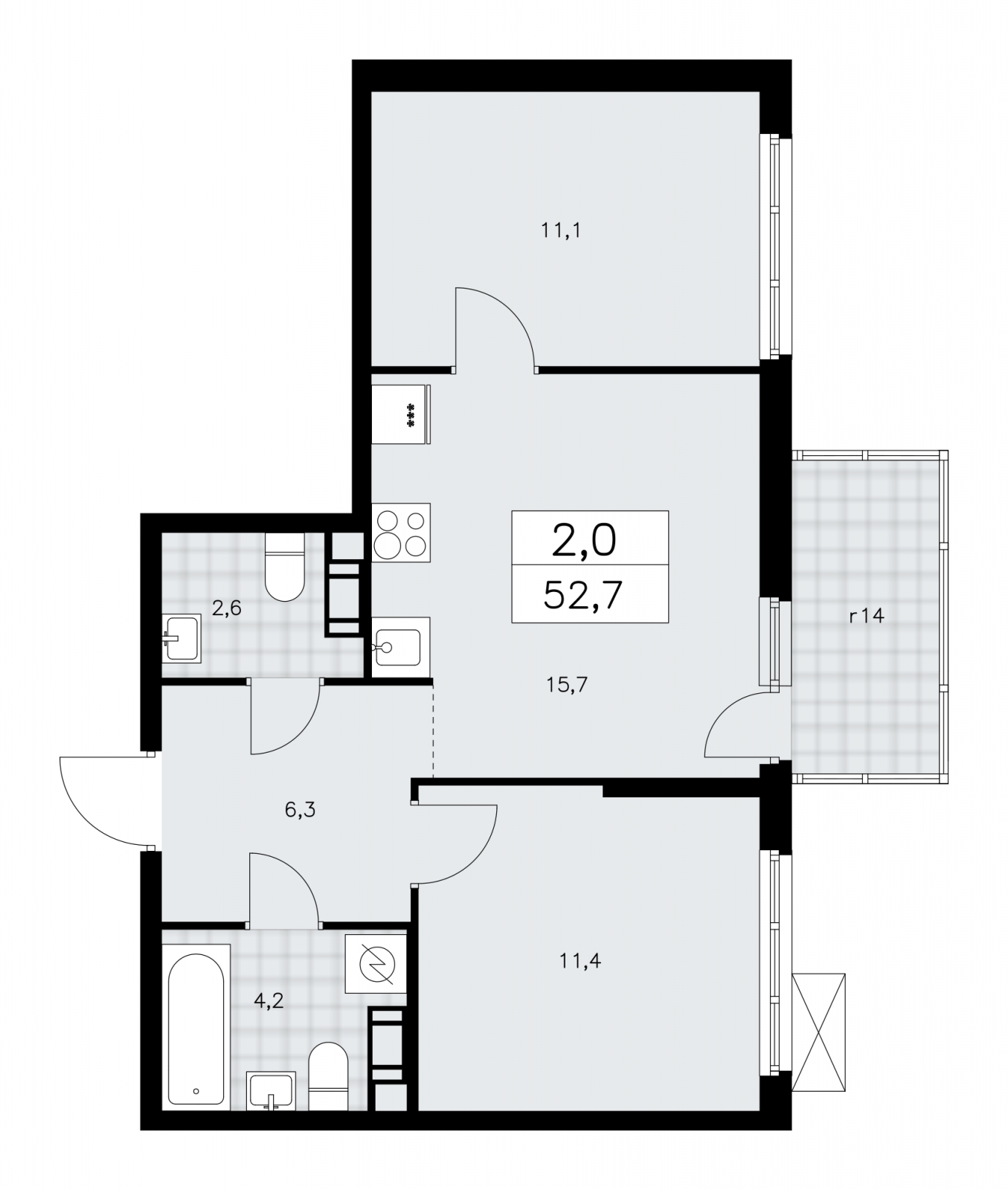 2-комнатная квартира с отделкой в ЖК Республики 205 на 7 этаже в 2 секции. Сдача в 1 кв. 2026 г.