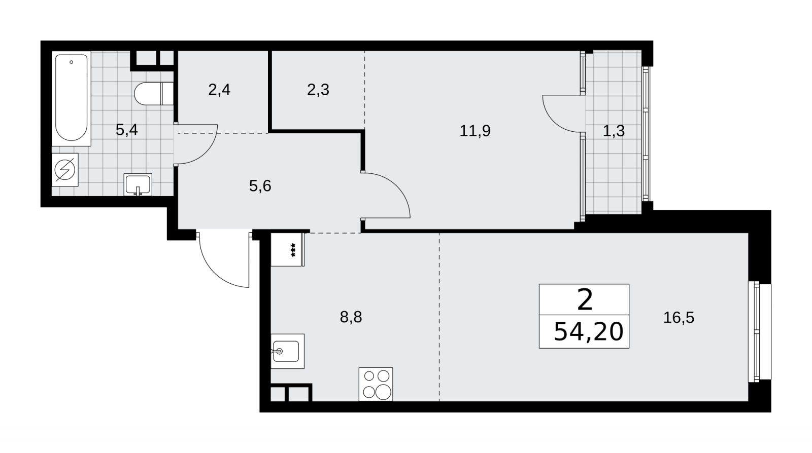2-комнатная квартира с отделкой в ЖК Республики 205 на 7 этаже в 3 секции. Сдача в 4 кв. 2025 г.