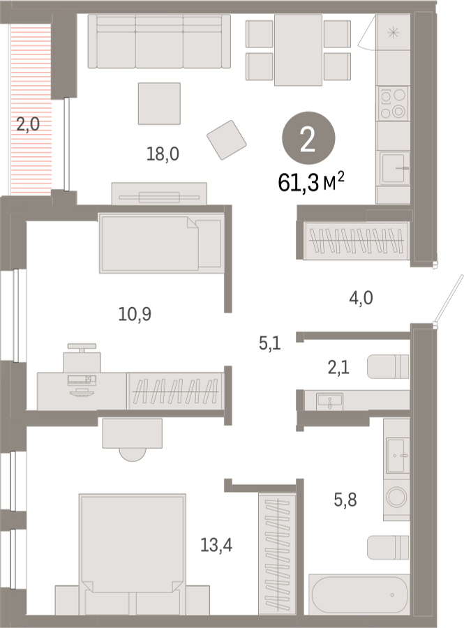 2-комнатная квартира с отделкой в ЖК Республики 205 на 11 этаже в 1 секции. Сдача в 4 кв. 2025 г.