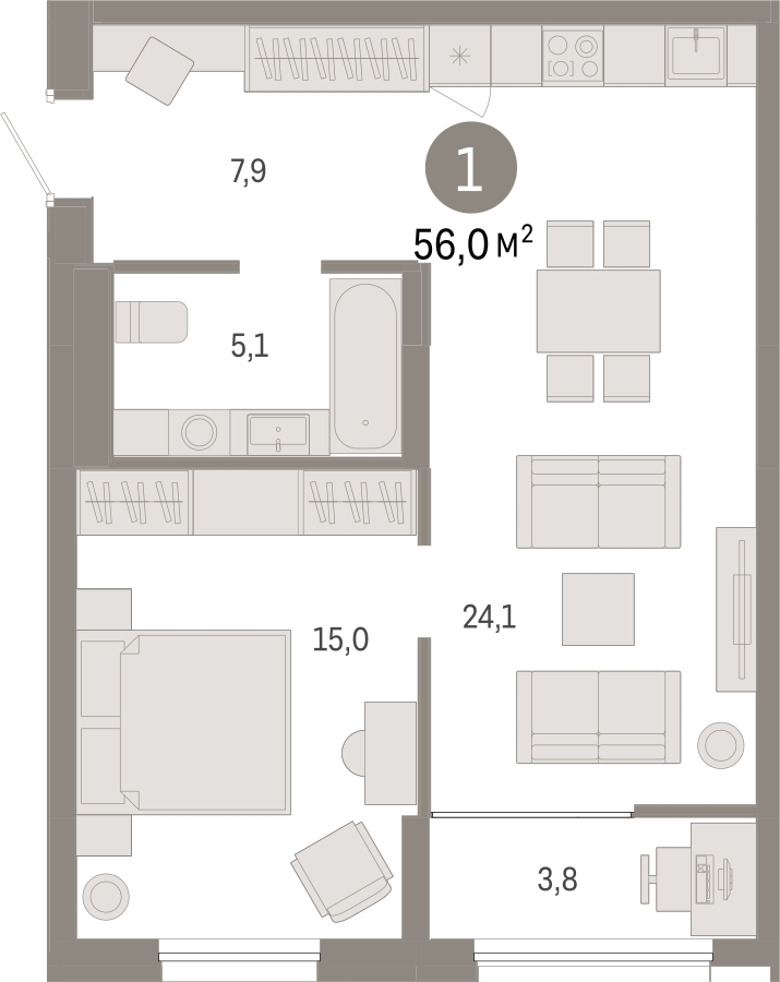 1-комнатная квартира в ЖК Приморский квартал на 13 этаже в 3 секции. Сдача в 2 кв. 2025 г.