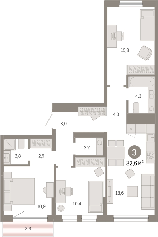 1-комнатная квартира с отделкой в ЖК Республики 205 на 2 этаже в 5 секции. Сдача в 1 кв. 2026 г.