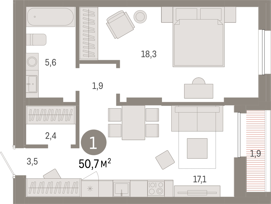 1-комнатная квартира с отделкой в ЖК Moments на 13 этаже в 1 секции. Сдача в 1 кв. 2027 г.