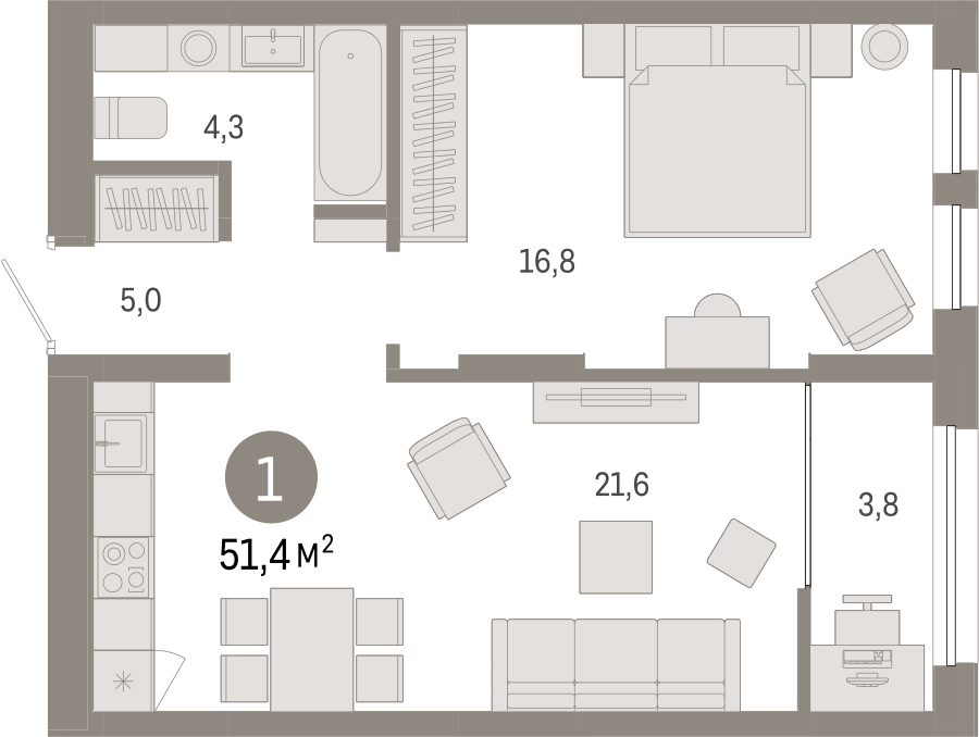 2-комнатная квартира с отделкой в ЖК Республики 205 на 2 этаже в 8 секции. Сдача в 4 кв. 2025 г.