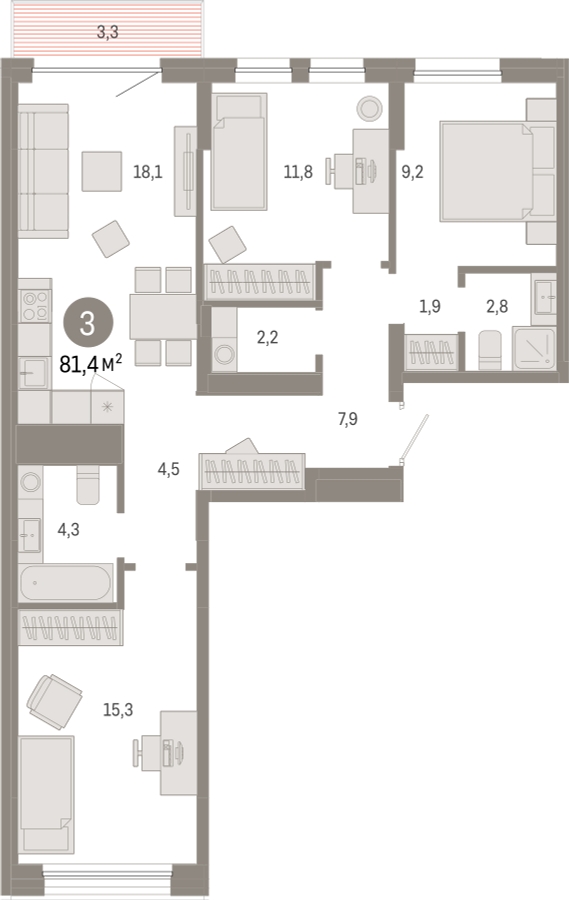 3-комнатная квартира с отделкой в ЖК Moments на 20 этаже в 1 секции. Сдача в 1 кв. 2027 г.