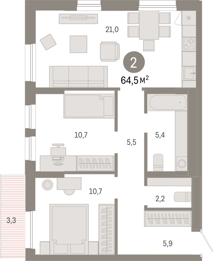 1-комнатная квартира с отделкой в ЖК Республики 205 на 2 этаже в 1 секции. Сдача в 4 кв. 2025 г.