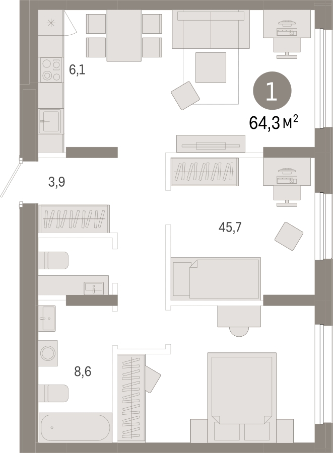 2-комнатная квартира с отделкой в ЖК Республики 205 на 7 этаже в 1 секции. Сдача в 4 кв. 2025 г.