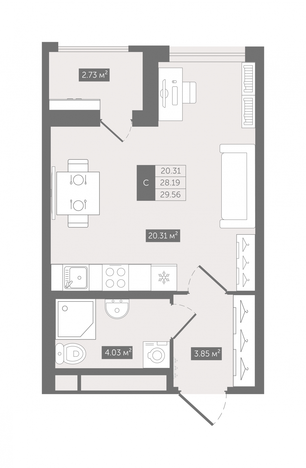 1-комнатная квартира (Студия) в ЖК А101 Всеволожск на 12 этаже в 1 секции. Сдача в 3 кв. 2025 г.