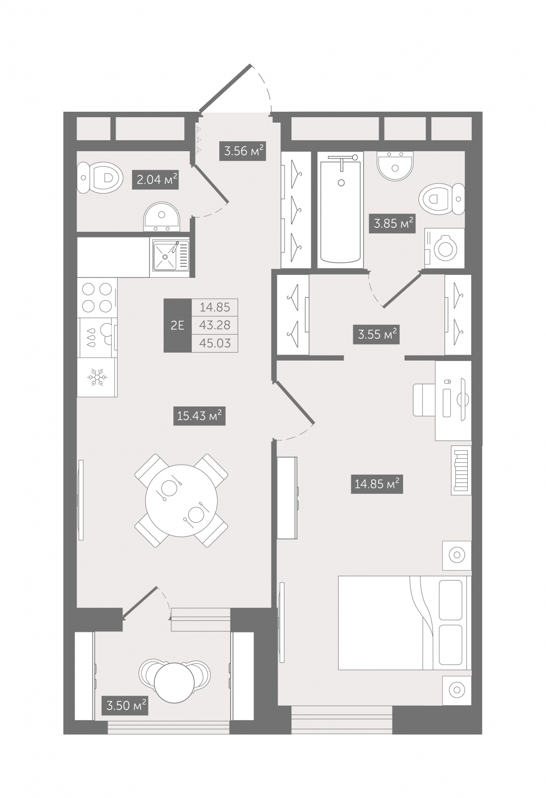 2-комнатная квартира с отделкой в ЖК Республики 205 на 4 этаже в 6 секции. Сдача в 4 кв. 2025 г.