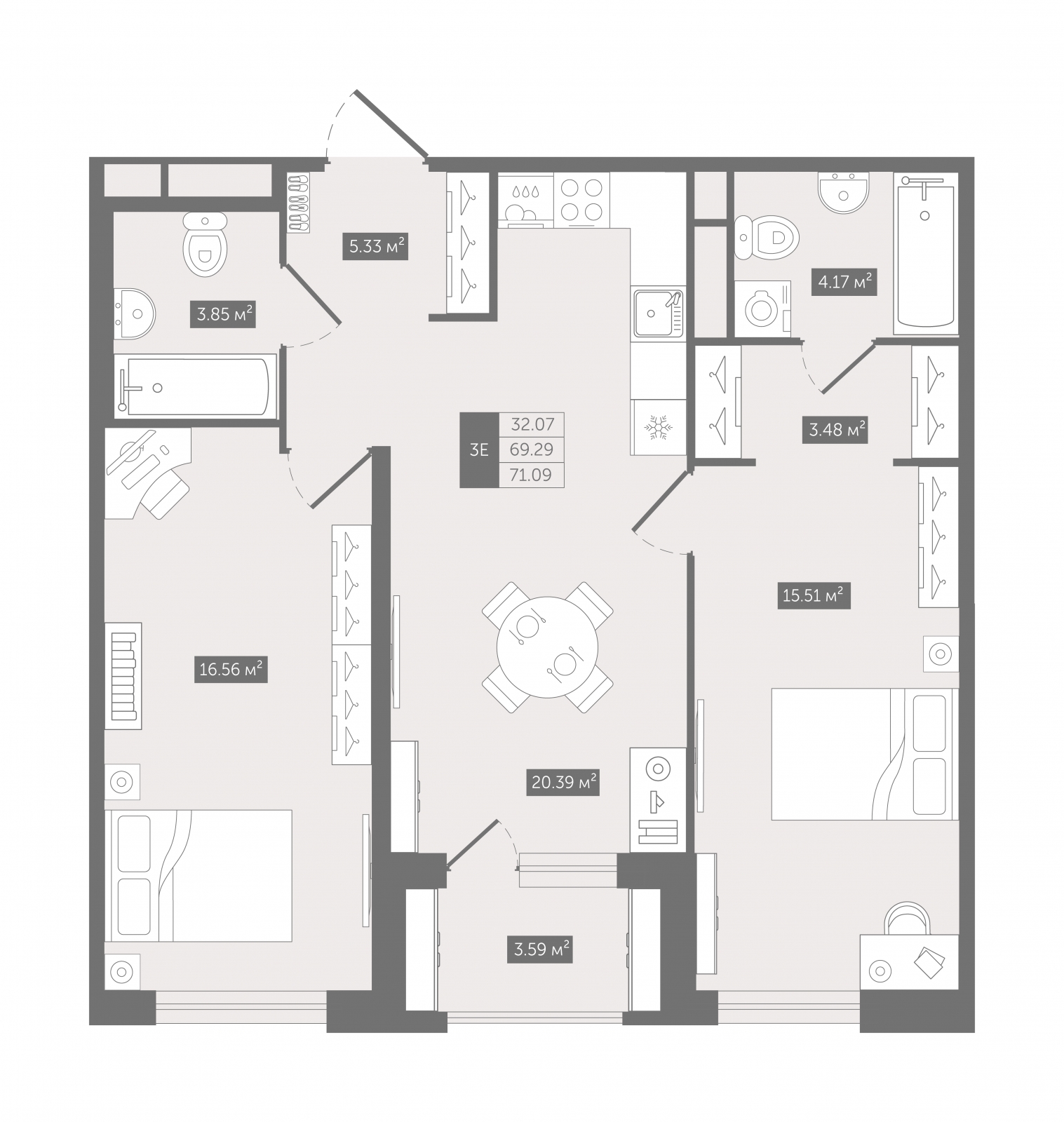 3-комнатная квартира с отделкой в ЖК Республики 205 на 3 этаже в 3 секции. Сдача в 4 кв. 2025 г.