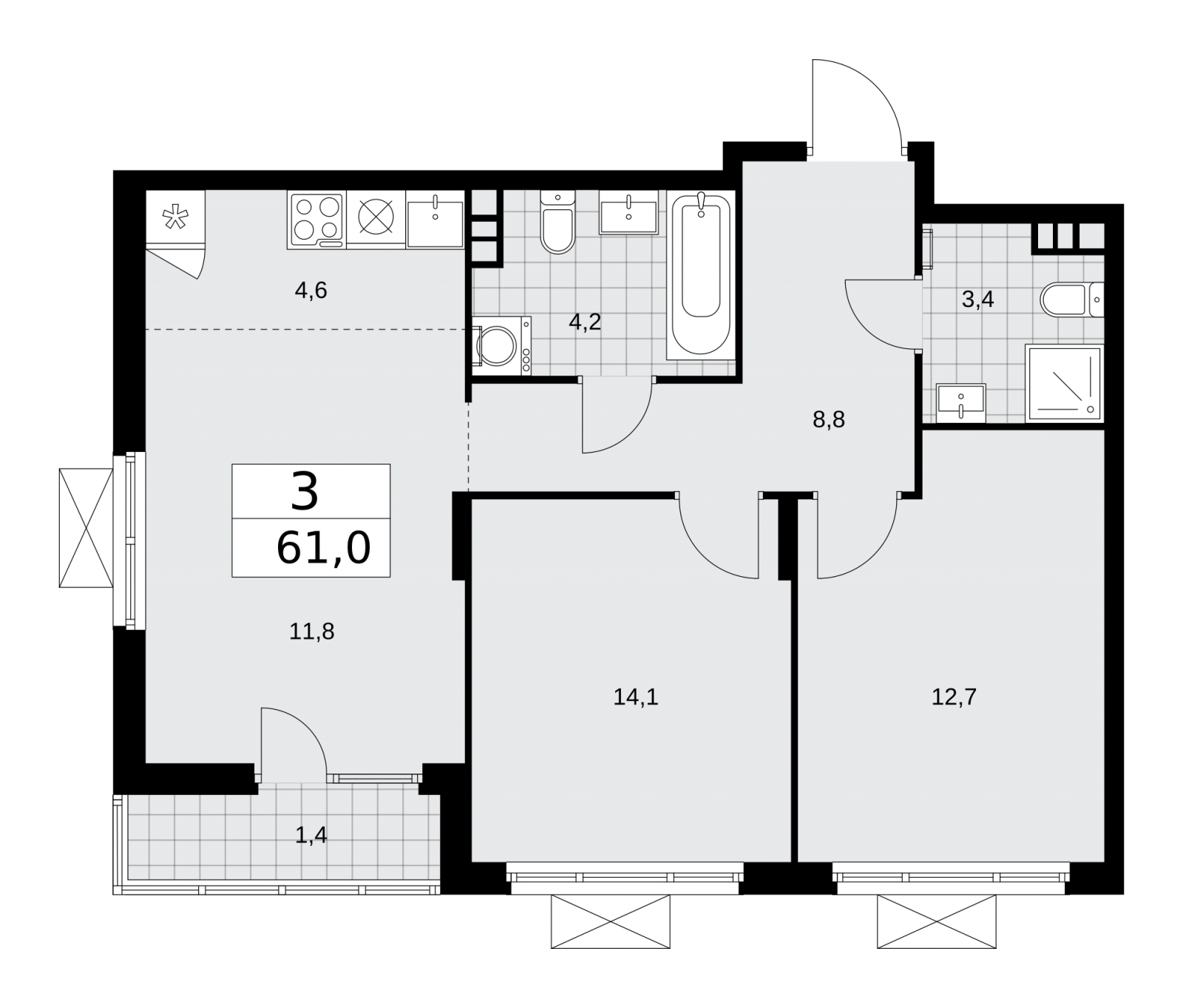 3-комнатная квартира с отделкой в ЖК Республики 205 на 9 этаже в 1 секции. Сдача в 4 кв. 2025 г.