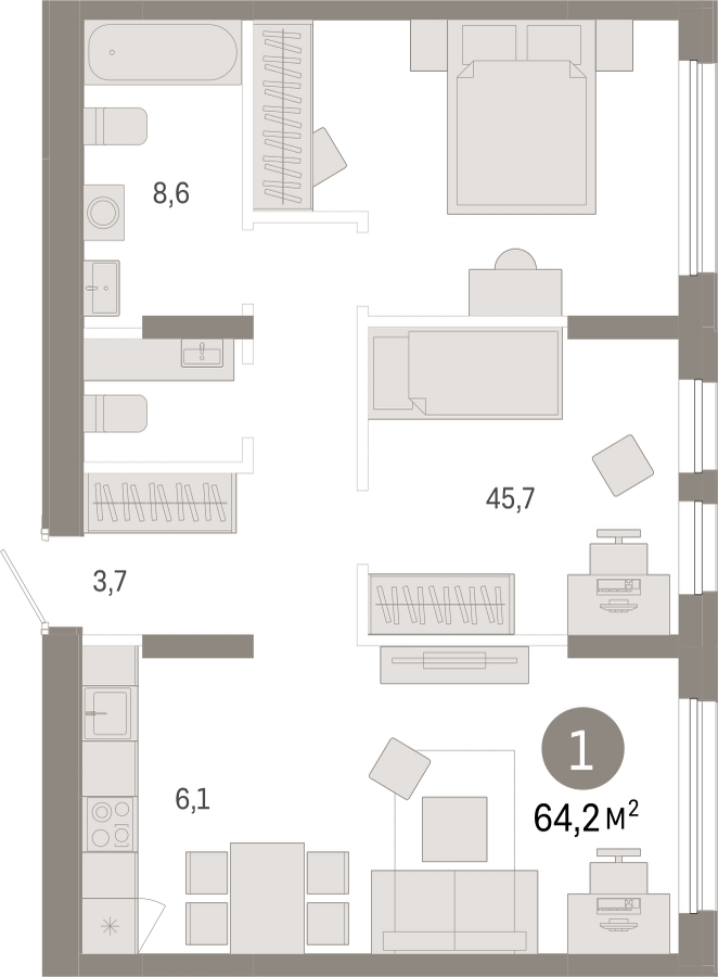 2-комнатная квартира с отделкой в ЖК Республики 205 на 2 этаже в 2 секции. Сдача в 4 кв. 2025 г.