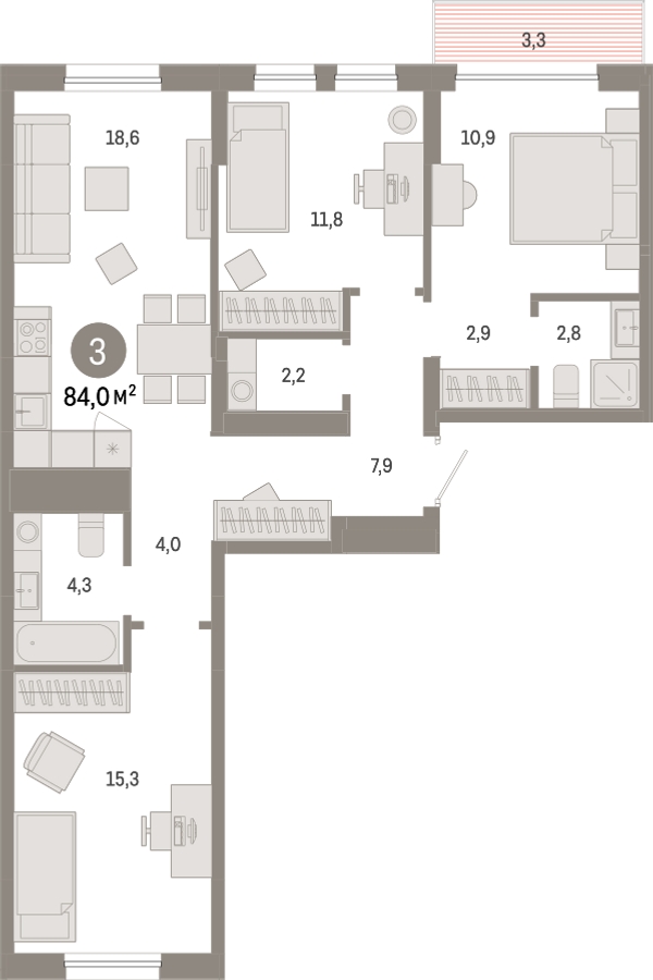 3-комнатная квартира с отделкой в ЖК Республики 205 на 3 этаже в 4 секции. Сдача в 4 кв. 2025 г.
