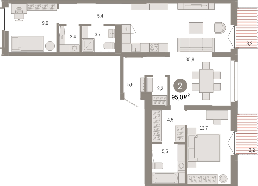 2-комнатная квартира в ЖК UP-квартал «Воронцовский» на 3 этаже в 3 секции. Сдача в 2 кв. 2026 г.