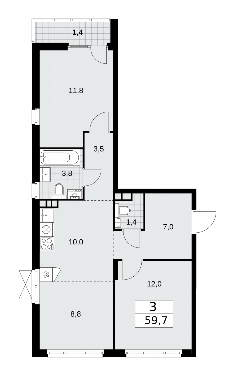 3-комнатная квартира с отделкой в ЖК Республики 205 на 7 этаже в 3 секции. Сдача в 4 кв. 2025 г.
