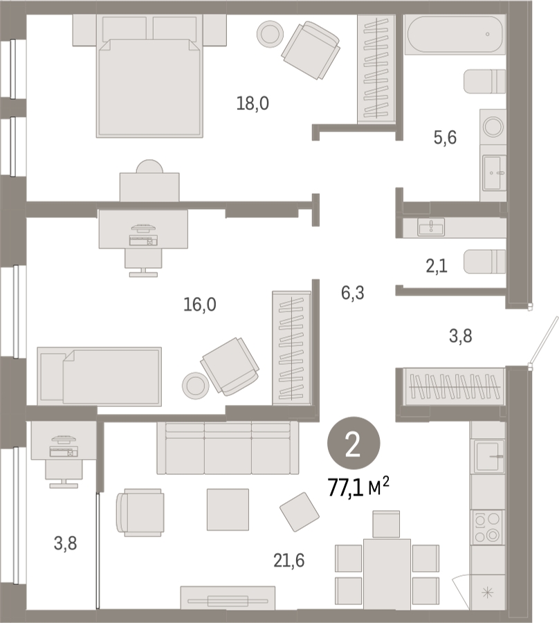 2-комнатная квартира с отделкой в ЖК Республики 205 на 9 этаже в 1 секции. Сдача в 4 кв. 2025 г.