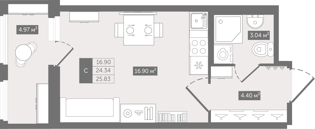 1-комнатная квартира с отделкой в ЖК Республики 205 на 11 этаже в 1 секции. Сдача в 4 кв. 2025 г.