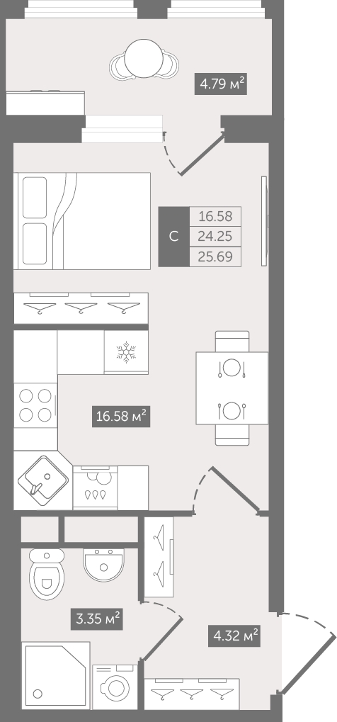 1-комнатная квартира (Студия) с отделкой в ЖК А101 Всеволожск на 4 этаже в 3 секции. Сдача в 3 кв. 2025 г.