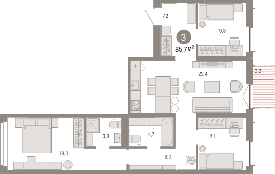 3-комнатная квартира с отделкой в ЖК Республики 205 на 9 этаже в 8 секции. Сдача в 4 кв. 2025 г.