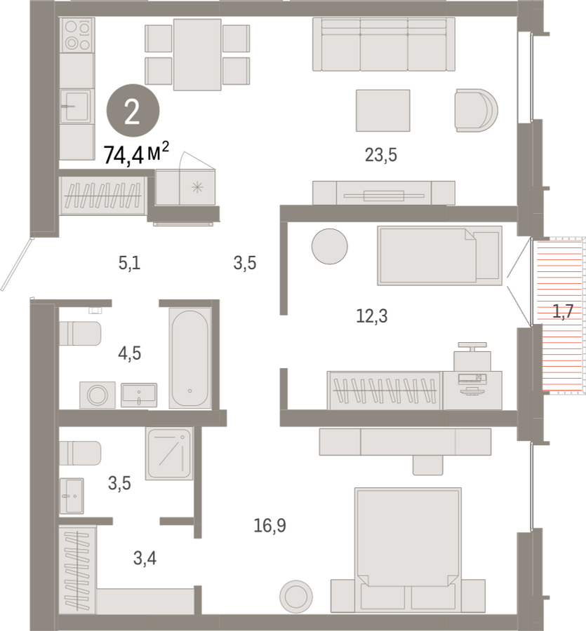 3-комнатная квартира с отделкой в ЖК Республики 205 на 2 этаже в 8 секции. Сдача в 4 кв. 2025 г.