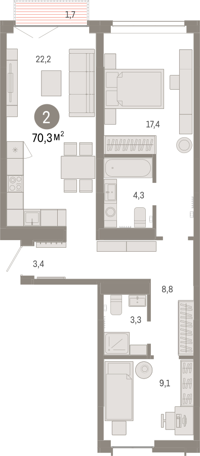 1-комнатная квартира в ЖК UP-квартал «Воронцовский» на 9 этаже в 3 секции. Сдача в 2 кв. 2026 г.