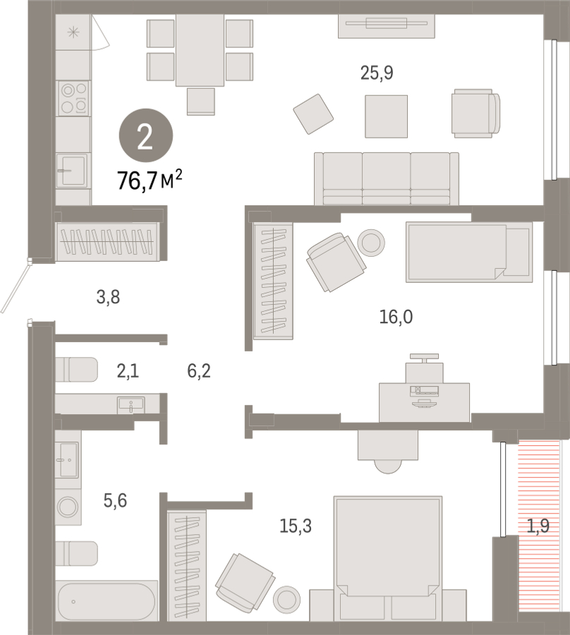 2-комнатная квартира с отделкой в ЖК Республики 205 на 15 этаже в 1 секции. Сдача в 4 кв. 2025 г.