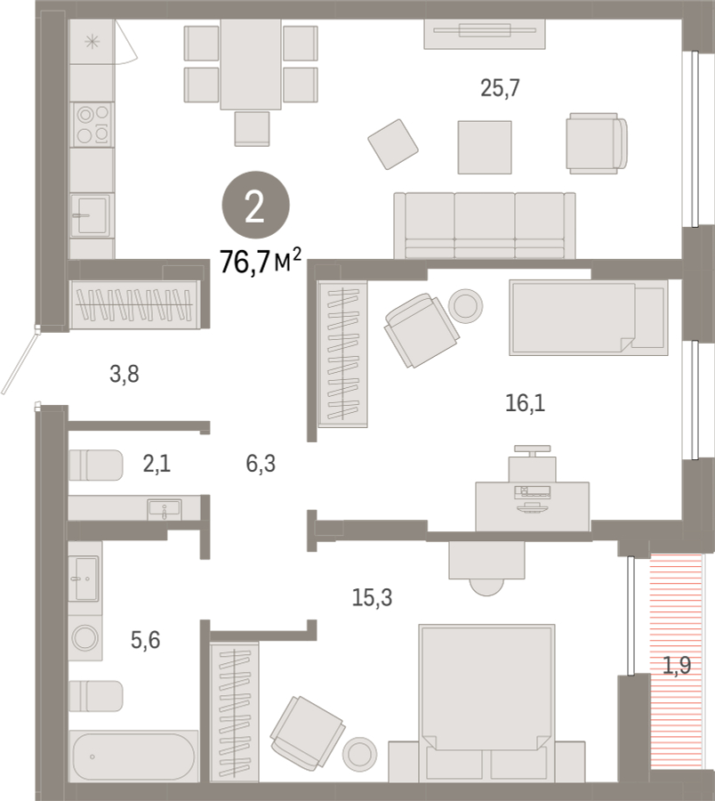 4-комнатная квартира с отделкой в ЖК Республики 205 на 7 этаже в 6 секции. Сдача в 4 кв. 2025 г.
