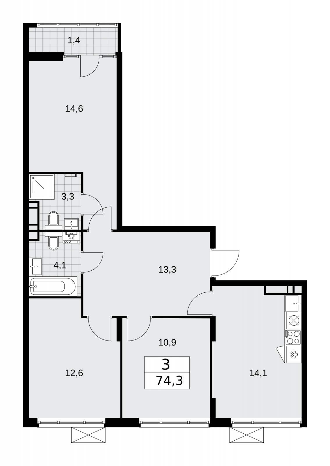 3-комнатная квартира с отделкой в ЖК Новые Ватутинки. Заречный на 5 этаже в 3 секции. Сдача в 1 кв. 2025 г.