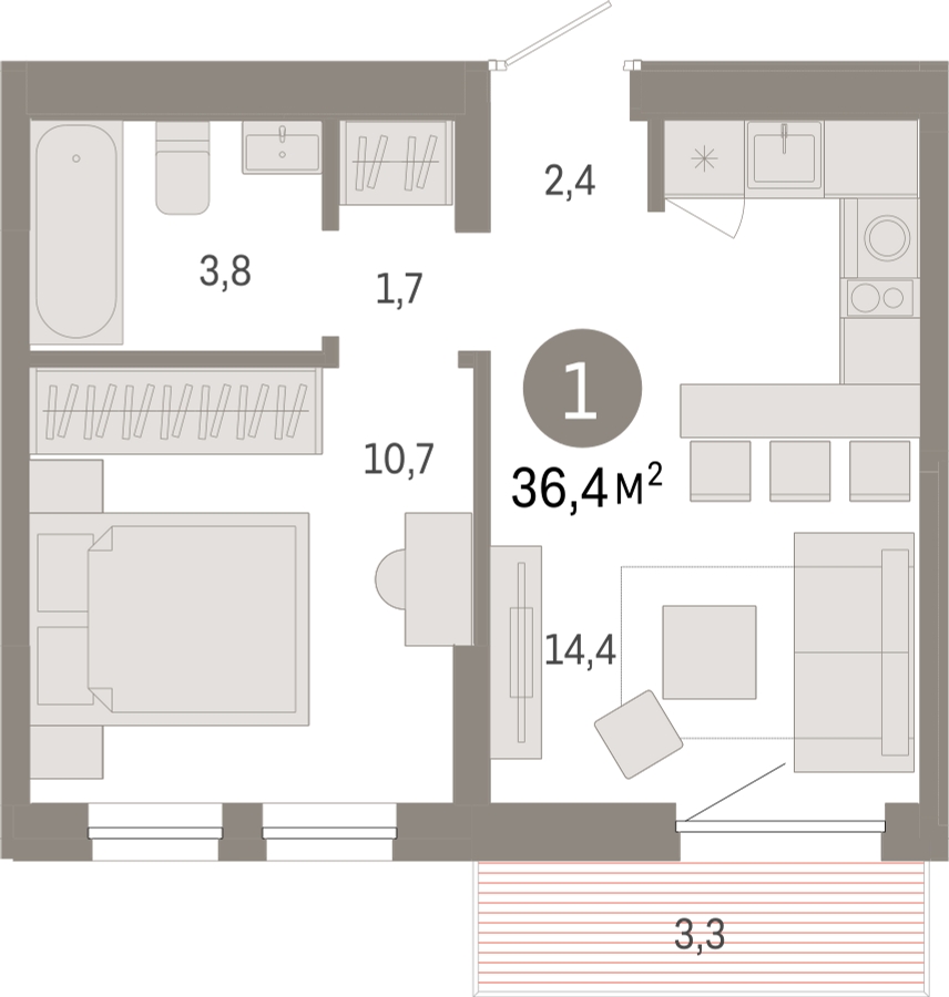 2-комнатная квартира в ЖК Фестиваль Парк - 2 на 12 этаже в 1 секции. Сдача в 4 кв. 2023 г.