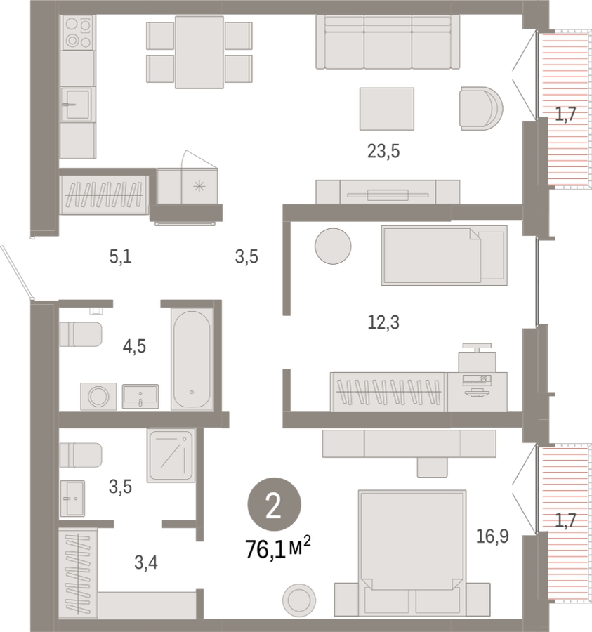 1-комнатная квартира с отделкой в ЖК Республики 205 на 8 этаже в 5 секции. Сдача в 4 кв. 2025 г.