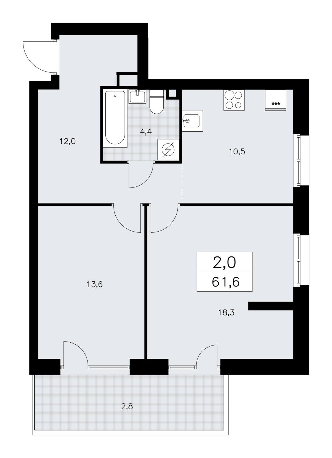 2-комнатная квартира в ЖК Фестиваль Парк - 2 на 2 этаже в 1 секции. Сдача в 4 кв. 2023 г.
