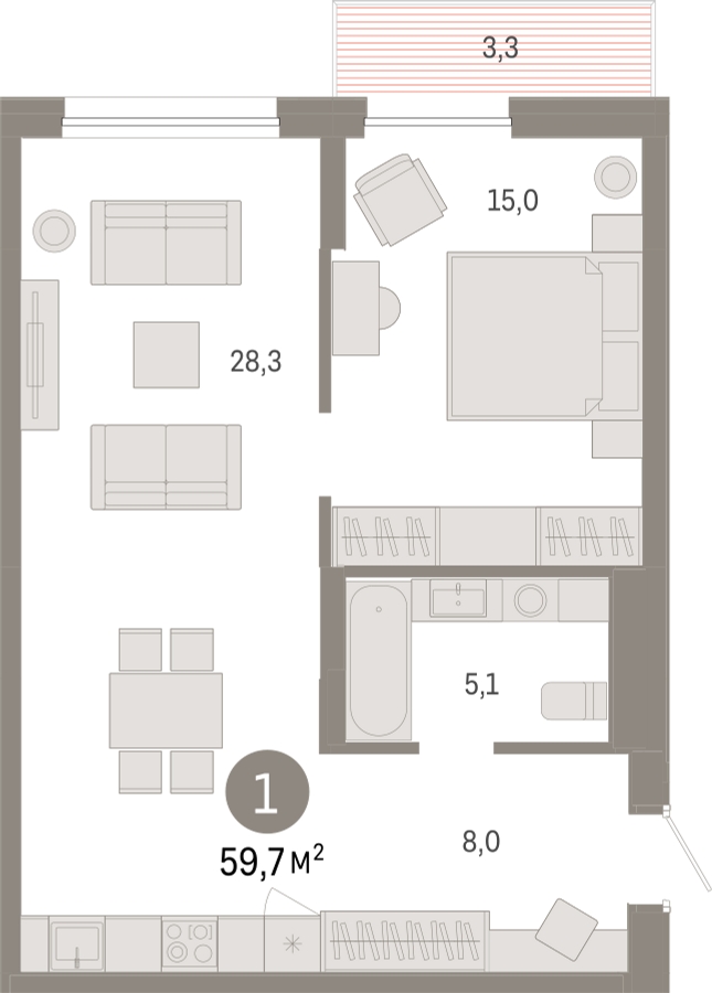 3-комнатная квартира с отделкой в ЖК Республики 205 на 5 этаже в 3 секции. Сдача в 1 кв. 2026 г.