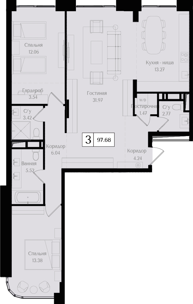 2-комнатная квартира с отделкой в ЖК Республики 205 на 11 этаже в 3 секции. Сдача в 1 кв. 2026 г.