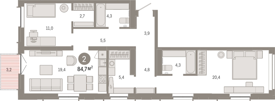 1-комнатная квартира с отделкой в ЖК Республики 205 на 8 этаже в 1 секции. Сдача в 4 кв. 2025 г.